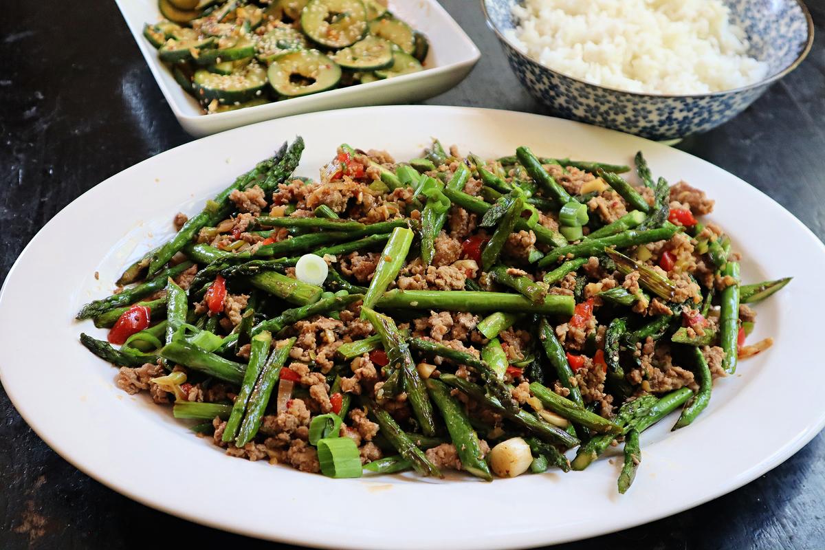 Pork and Asparagus Stir-Fry With Spicy Cucumber Salad