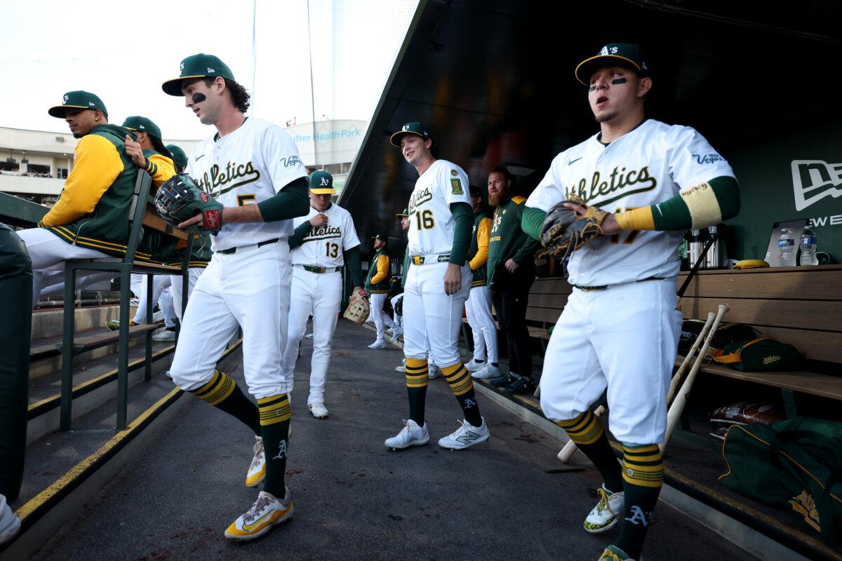 Nick Kurtz #16 of the Athletics gets ready to take the field for his Major League debut against the Texas Rangers at Sutter Health Park in Sacramento, Calif., on April 23, 2025. (Ezra Shaw/Getty Images)