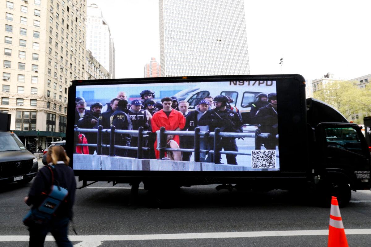 A truck with a video screen outside Manhattan Federal Court on April 25, 2025. (Timothy A. Clary/AFP via Getty Images)