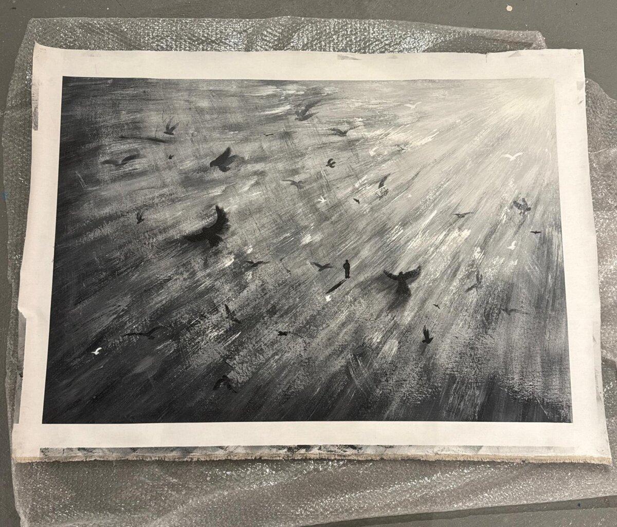 Andrei Kozlov's painting "Fallen Angel," depicting his rescue from being held in captivity by Hamas, is readied for transport to a gallery for an exhibition in New York in May. (Courtesy of Emanuel Friedman, Lux Contemporary)