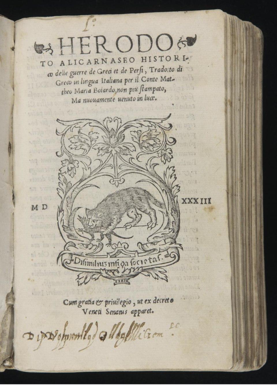 Title page of a 1533 translated copy of Herodotus's "Histories," at Yale University, New Haven, Conn. (Public Domain)