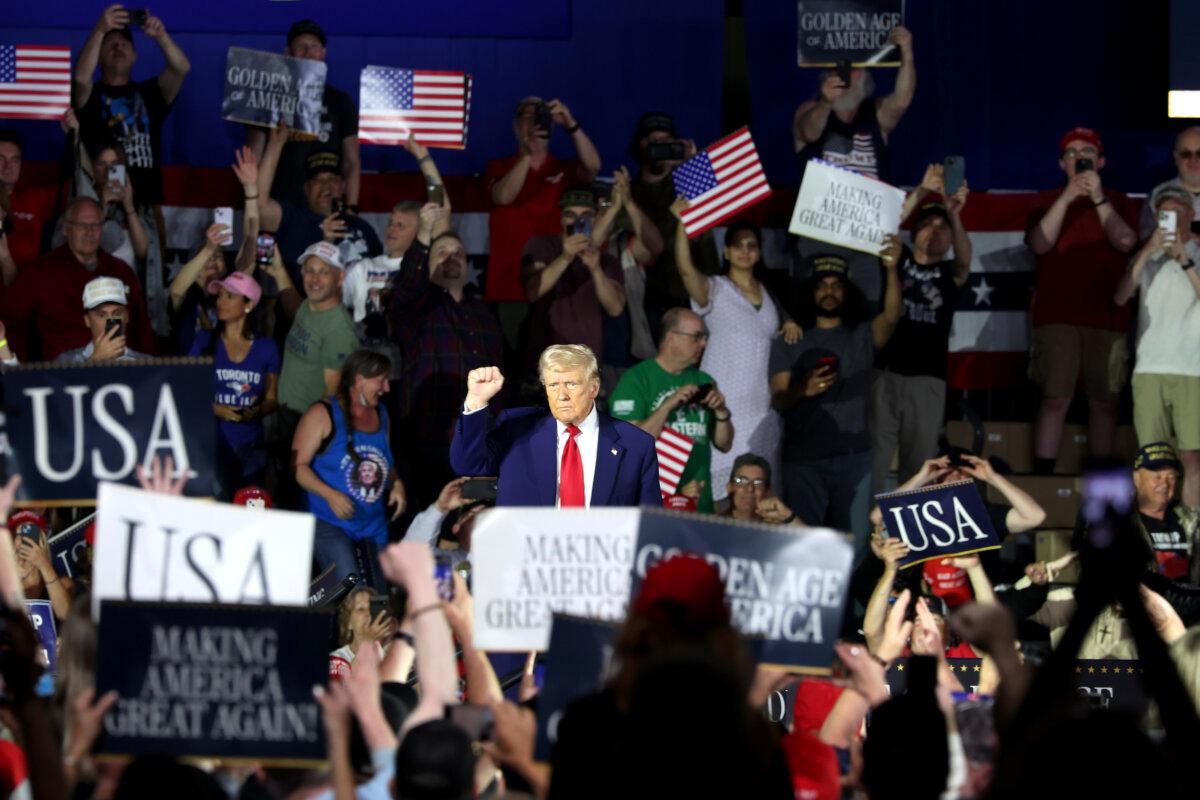 President Donald Trump speaks during a rally at Macomb Community College at Warren, Mich., on April 29, 2025. (Scott Olson/Getty Images)
