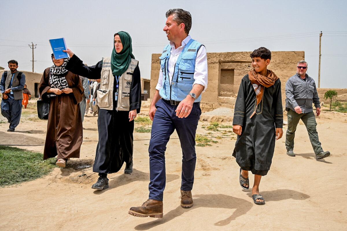 United Nations humanitarian chief Tom Fletcher (C) visits the Just for Afghan Capacity and Knowledge (JACK) Mobile Healthcare Center in Nawabad village in Chahardara district of Kunduz Province, Afghanistan, on April 30, 2025. (Wakil Kohsar/AFP via Getty Images)