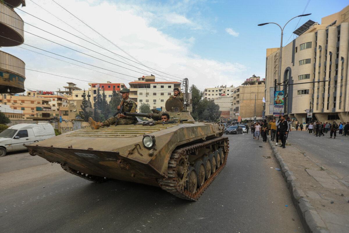Syria's HTS-led security forces deploy in an area near Damascus following the eruption of sectarian violence, in Syria on April 30, 2025. (Bakr Alkasem/AFP via Getty Images)
