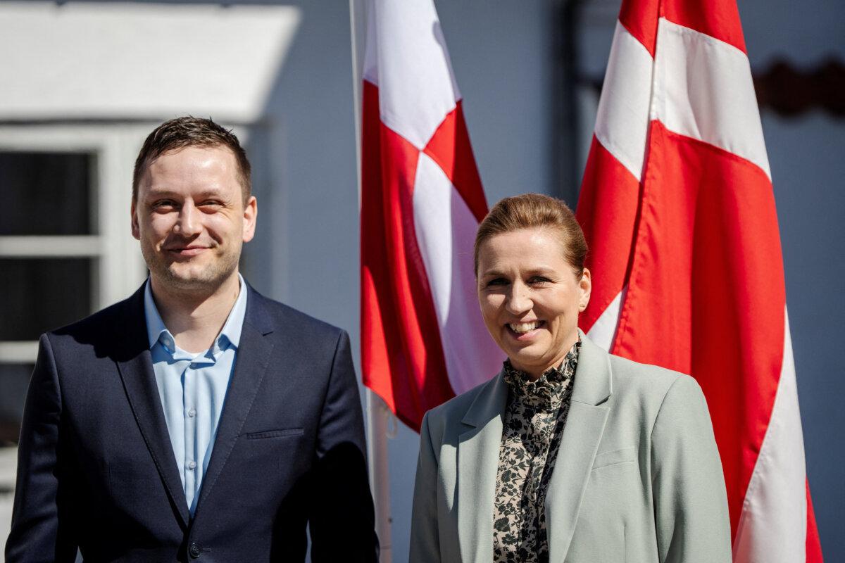 Danish Prime Minister Mette Frederiksen (R) receives Greenland's Prime Minister Jens-Frederik Nielsen ahead of a meeting at Marienborg in Kongens Lyngby, Denmark, on April 27, 2025. (Mads Claus Rasmussen/Ritzau Scanpix via Reuters)