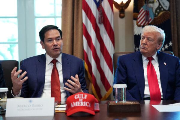 President Donald Trump listens as Secretary of State Marco Rubio speaks during a Cabinet meeting at the White House in Washington on April 30, 2025. (Andrew Harnik/Getty Images)