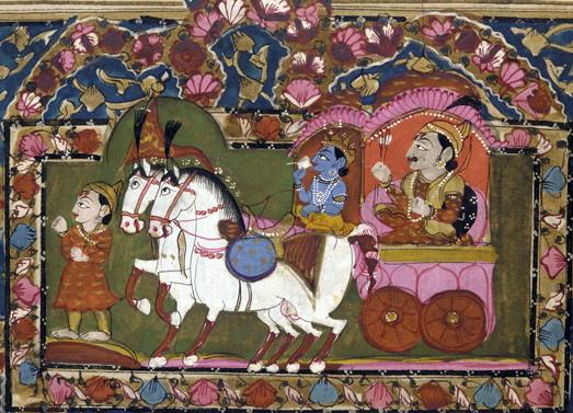 Krishna and Arjun in the chariot, "Mahabharata," 18th–19th century, India. (Public Domain)