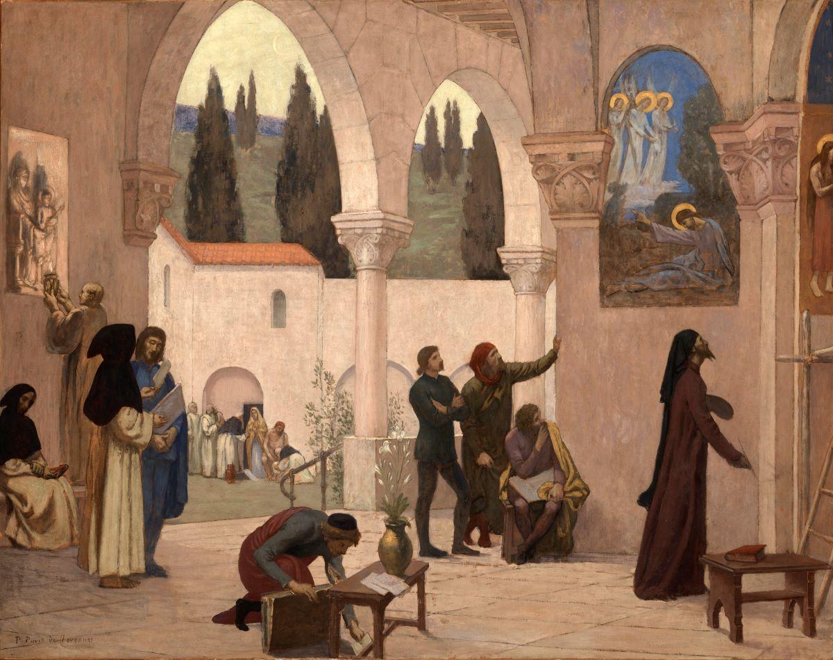 "Inspiration Chretienne," by Pierre Cecile Puvis De Chavannes. Monks painting icons on the wall of an abbey in France. (Smithsonian American Art Museum/CC0)