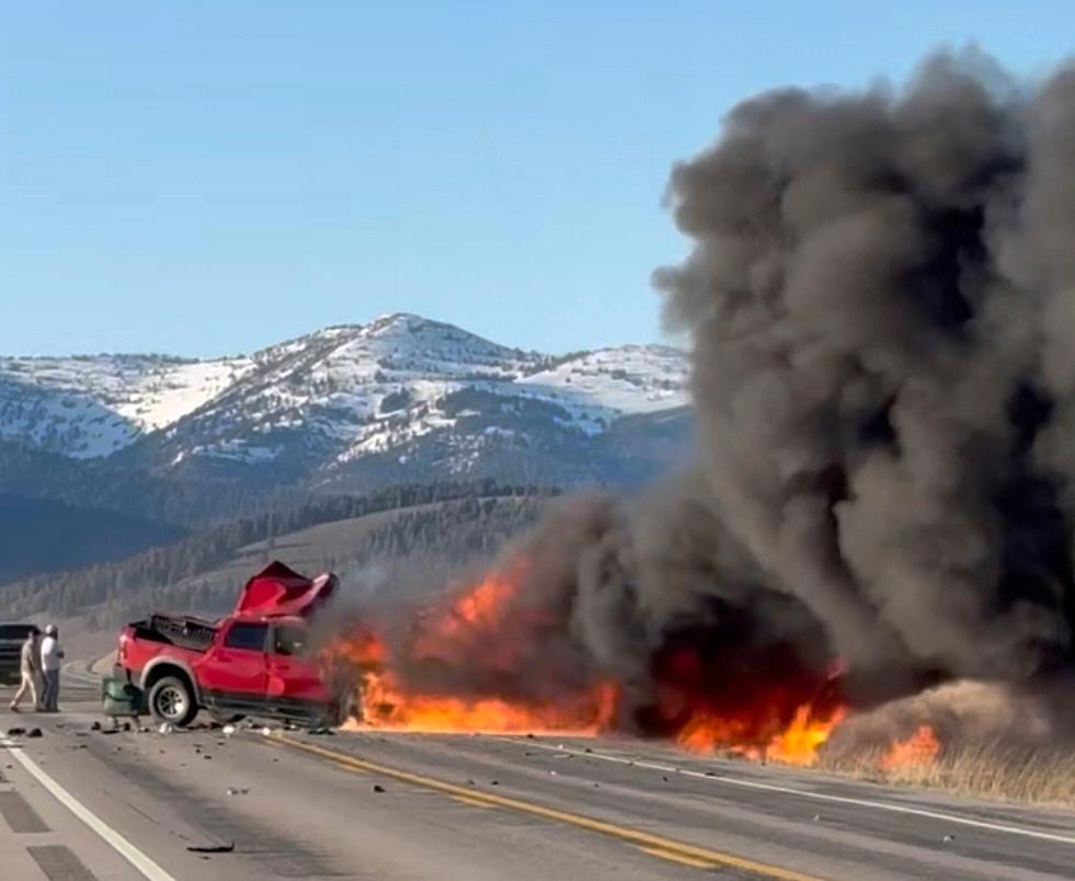 Rescue workers arrive to the scene after a deadly collision between a pickup truck and tour van near Henry’s Lake State Park in eastern Idaho on May 1, 2025. (Roger Merrill via AP)