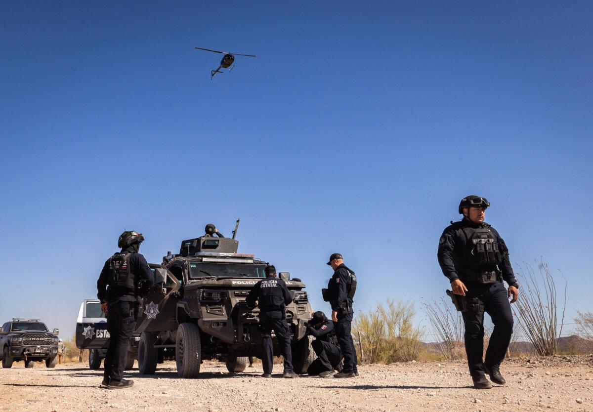 Sonora State Police officers conduct an operation in the deserts of Sonora, Mexico, on April 15, 2025. (John Fredricks/The Epoch Times)