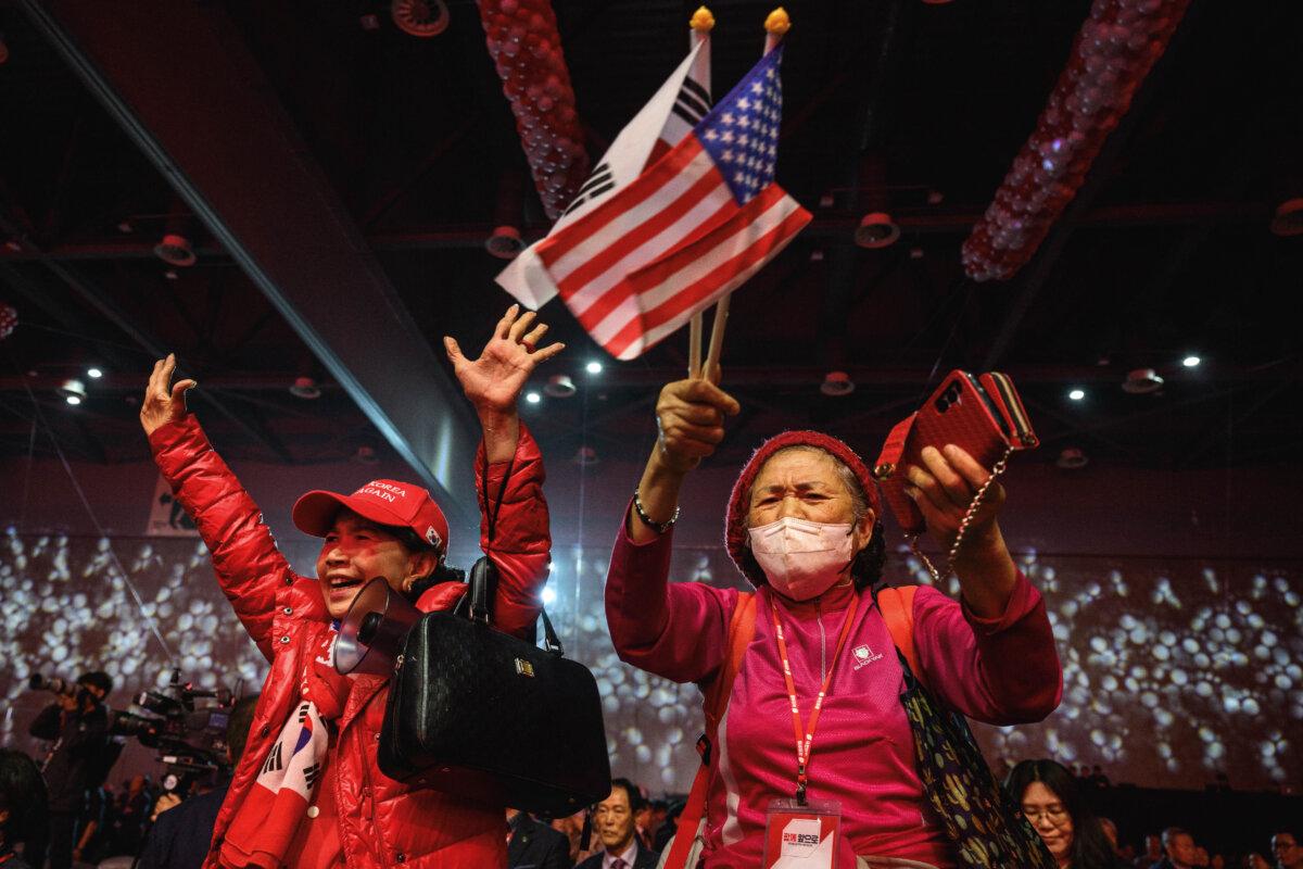 Supporters reacting after Kim Moon-soo was chosen by the People Power Party (PPP) to be the party's candidate for the upcoming presidential election, in Goyang, South Korea, on May 3, 2025. (Anthony Wallace/AFP via Getty Images)