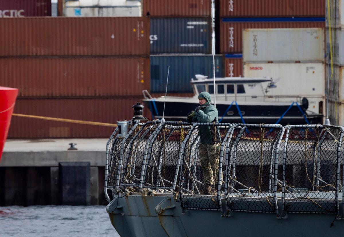 A Royal Danish Navy vessel prepares to dock in the city of Nuuk, Greenland, on May 4, 2025. (John Fredricks/The Epoch Times)