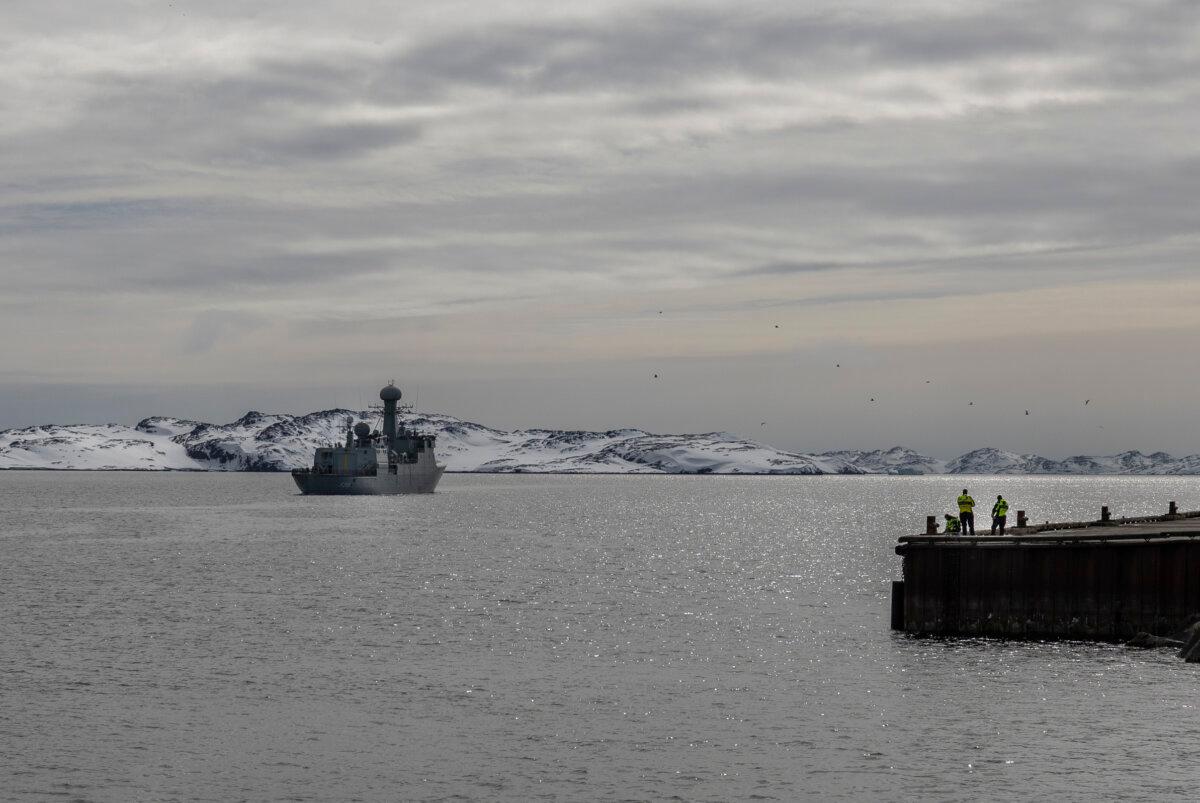 A Royal Danish Navy vessel prepares to dock in the city of Nuuk, Greenland, on May 4, 2025. (John Fredricks/The Epoch Times)