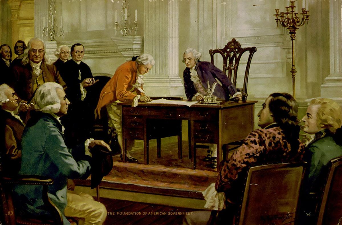 "Foundation of the American Government," 1925, by John Henry Hintermeister. George Washington looks on from his seat as Gouverneur Morris signs the Constitution. (Public Domain)