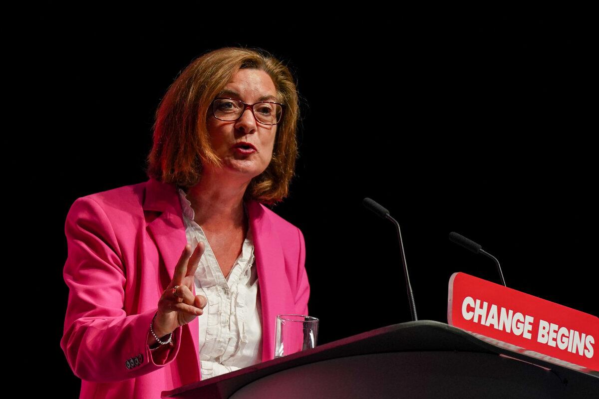 Eluned Morgan, first minister of Wales, addresses delegates during the Labour Party Conference 2024 at ACC Liverpool, England, on Sept. 23, 2024. (Ian Forsyth/Getty Images)