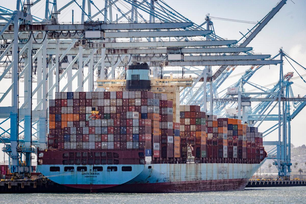 Shipping containers at the Port of Los Angeles on March 28, 2025. (John Fredricks/The Epoch Times)
