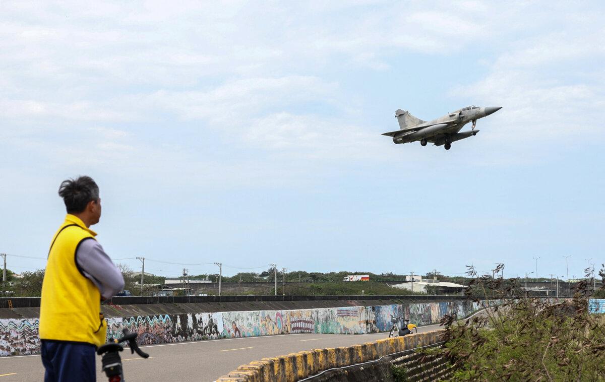 A Taiwan Air Force Mirage 2000 fighter jets prepares to land at the Hsinchu Airbase in Hsinchu on April 2, 2025. The Chinese military announced new exercises on April 2, in sensitive waters near Taiwan, in a second consecutive day of drills around the self-ruled island it claims as its own. (I-Hwa Cheng/AFP via Getty Images)