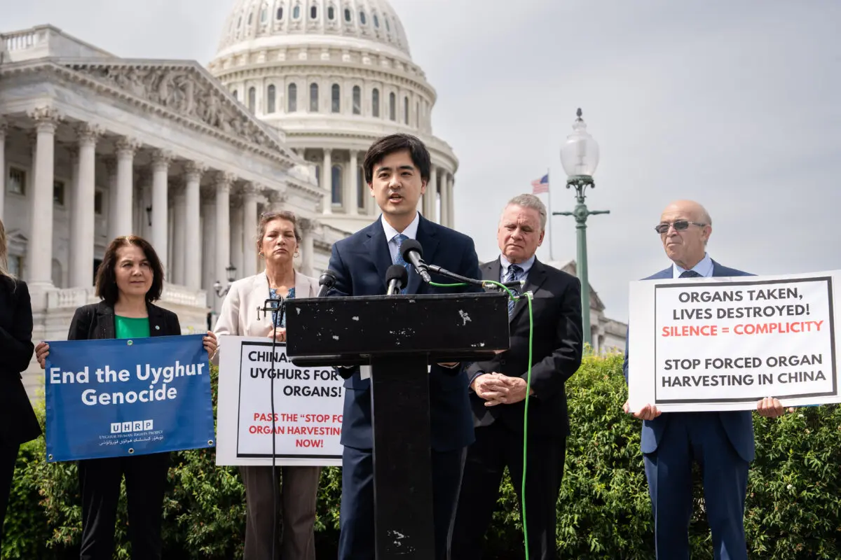 Mark Yang, Falun Dafa Information Center advocacy officer and a policy analyst on China at Horizon Engage, speaks about the Stop Forced Organ Harvesting Act passed by the House, on Capitol Hill in Washington on May 7, 2025. (Madalina Vasiliu/The Epoch Times)