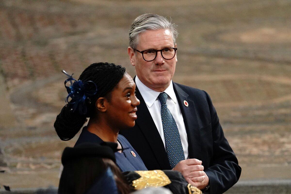 Conservative Party leader Kemi Badenoch and Prime Minister Sir Keir Starmer attend the service of thanksgiving at Westminster Abbey in London on the 80th anniversary of VE Day in London on May 8, 2025. (Aaron Chown - WPA Pool/Getty Images)