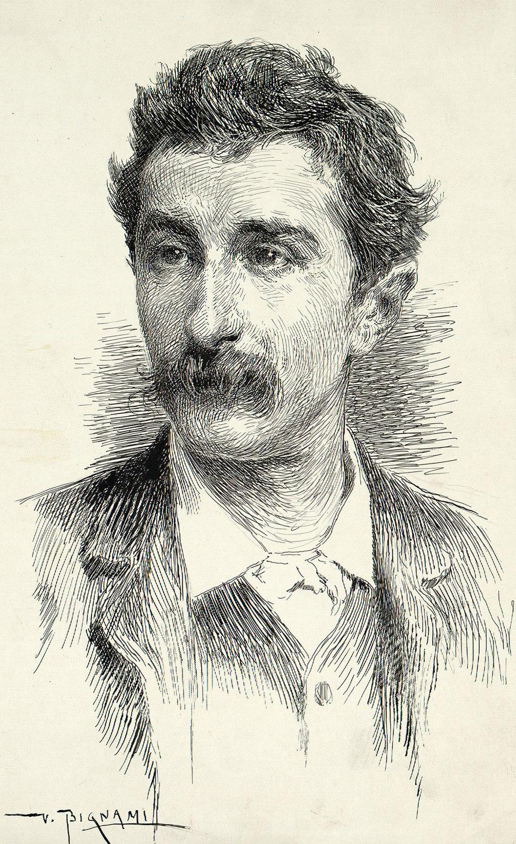 A portrait of Ferdinando Fontana, playwright, before 1929, by Vespasiano Bignami. India ink. Archivio Storico Ricordi, Milan. (<a href="https://www.archivioricordi.com/#/">Archivio Storico Ricordi</a>/<a href="https://creativecommons.org/licenses/by-sa/4.0/deed.en">CC BY-SA 4.0</a>)