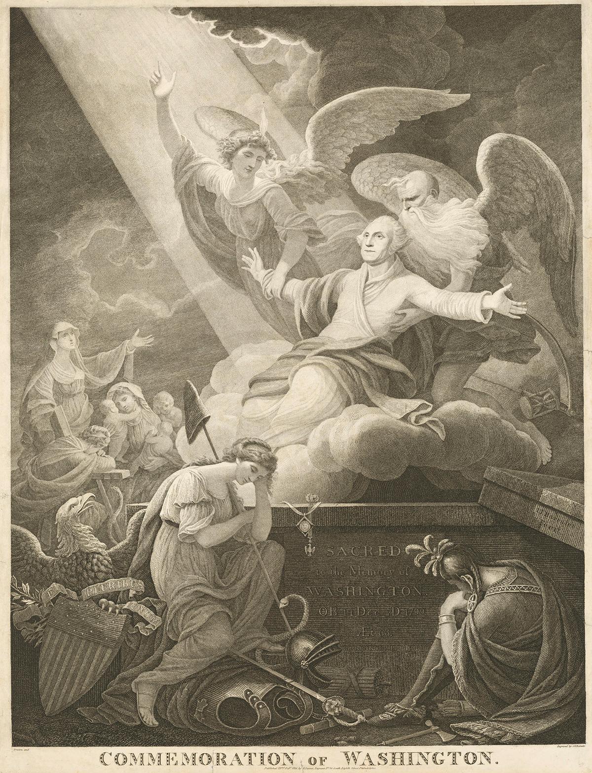 "Commemoration of Washington," circa 1800–1816, by John James Barralet. Drawing on classical symbolism, Barralet depicted Washington rising from his tomb, assisted by Father Time and Immortality. The helmet, sword, and armor represent Washington's military achievements. The figures of Faith, Hope, and Charity grieve in the background along with an allegorical figure of America with her liberty cap. National Portrait Gallery, Washington. (Public Domain)