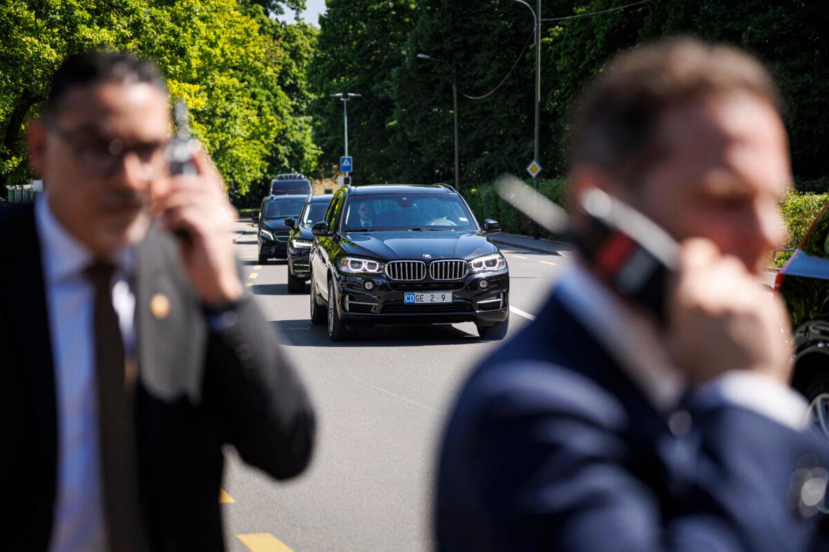 A convoy carrying the U.S. Secretary of Treasury arrives to the residency of the permanent Swiss Ambassador to the United Nations offices during talks between Seniors U.S. and Chinese officials on tariffs, in Geneva on May 11, 2025. (Valentin Flauraud/AFP via Getty Images)