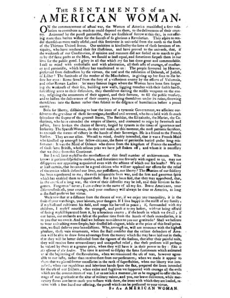 The essay "The Sentiments of an American Woman" was published anonymously in 1780. (Public Domain)