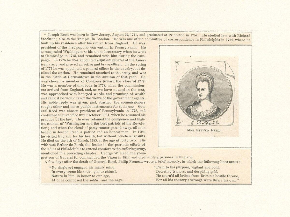 A card describing the life of Esther de Bardt Reed and her husband, Joseph Reed. The two were American patriots who tragically died early deaths. Yet, in their short lives, they accomplished much for the formation of the United States. (Public Domain)