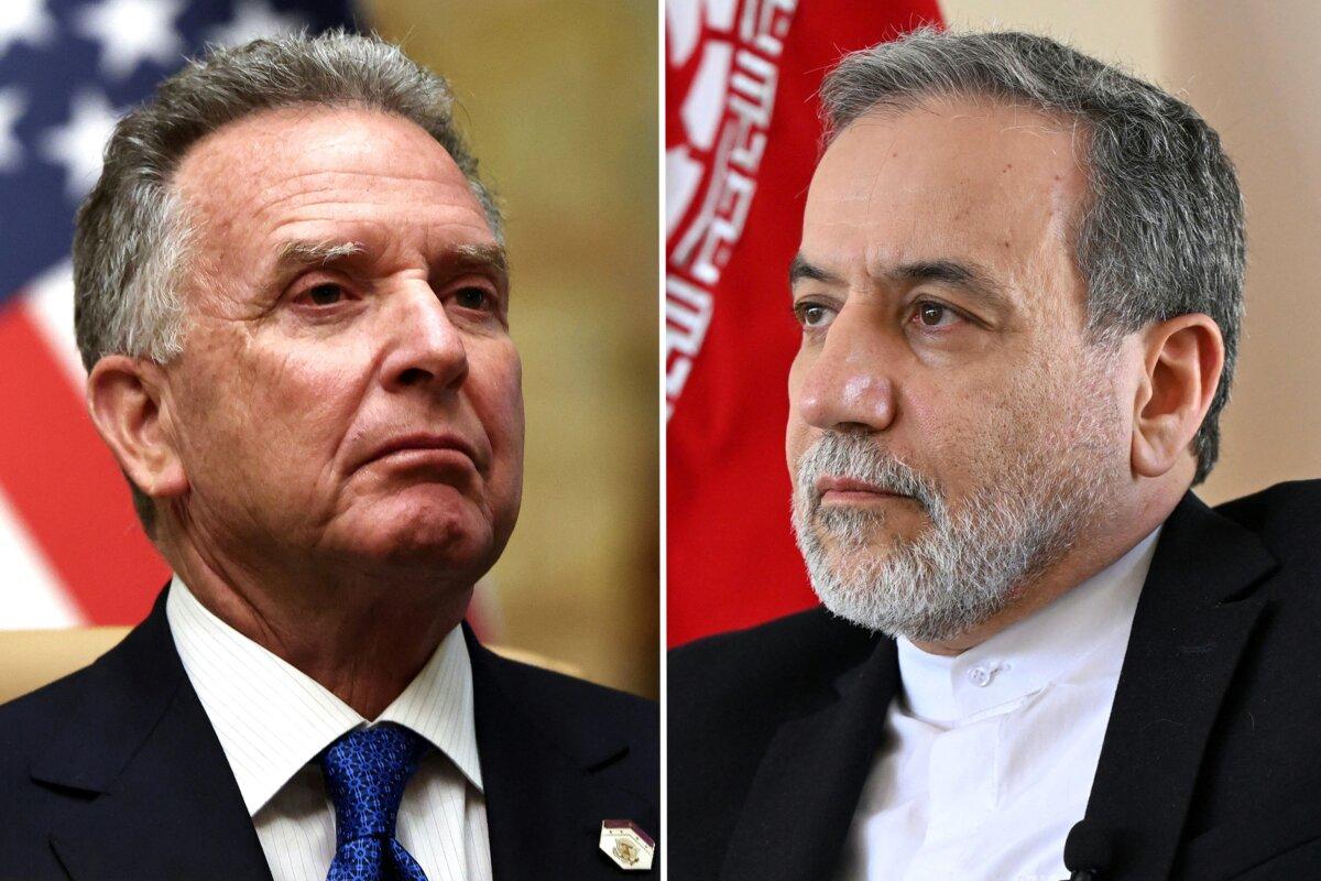 (Left) U.S. Middle East envoy Steve Witkoff, after a meeting with Russian officials at Diriyah Palace, in Riyadh, Saudi Arabia, on Feb. 18, 2025. (Right) Iranian Foreign Minister Abbas Araghchi speaks at the Iranian Consulate in Jeddah on March 7, 2025. (Evelyn Hockstein and Amer Hilabi/AFP via Getty Images)