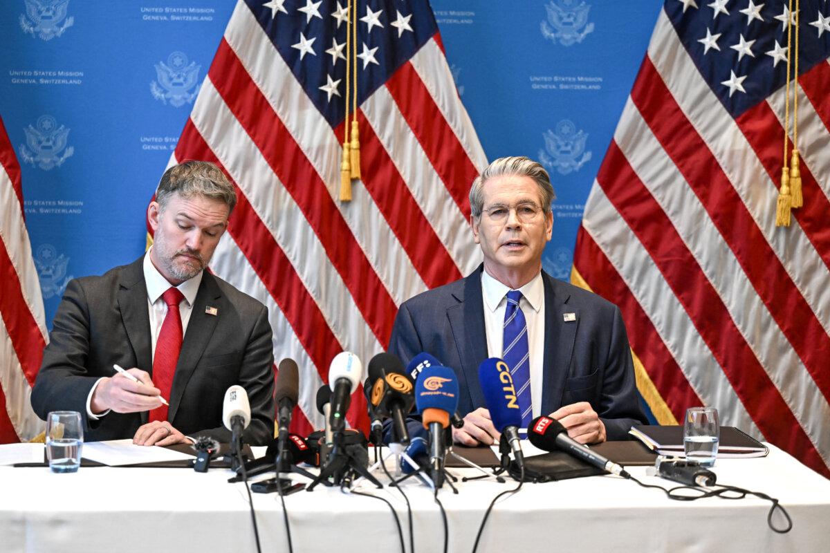 Treasury Secretary Scott Bessent (R) and Trade Representative Jamieson Greer hold a news conference in Geneva on May 12, 2025. (Fabrice Coffrini/AFP via Getty Images)
