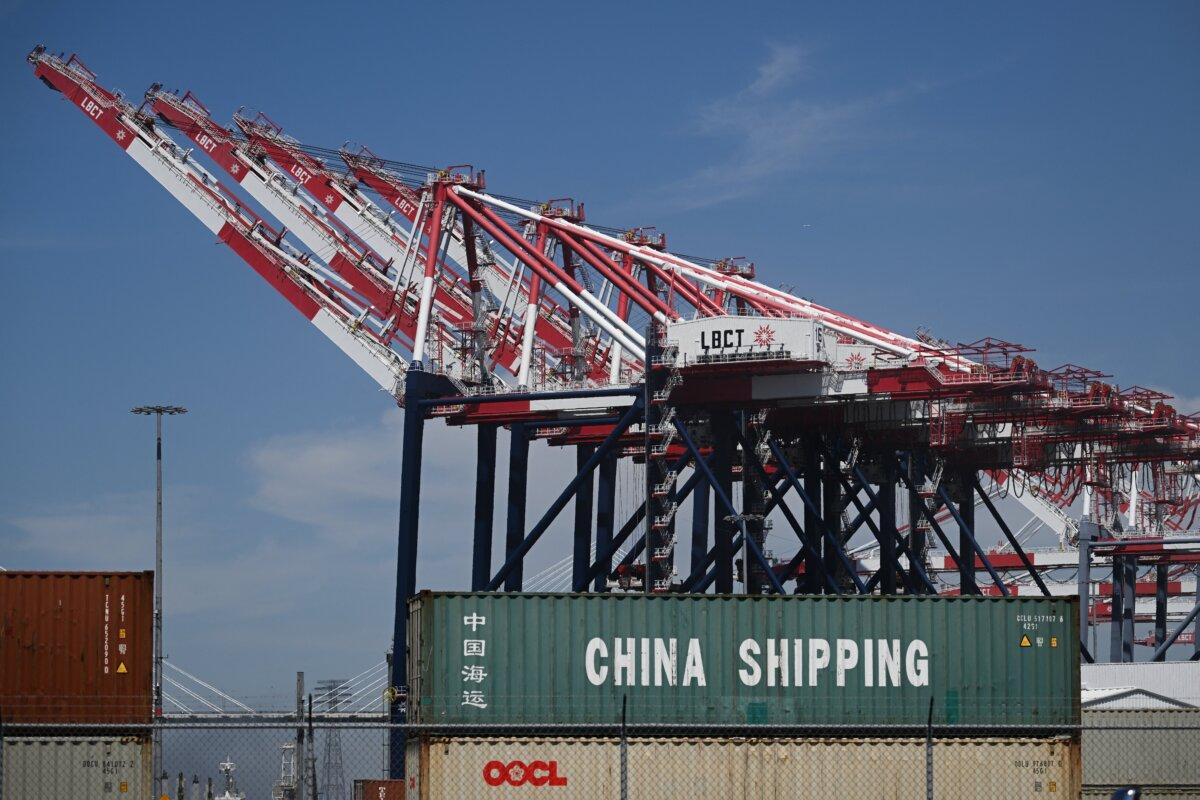 On April 10, 2025, there is a Chinese transport cargo container stacked in the port of Long Beach, California (Patrick T. Fallon/AFP via Getty Images)
