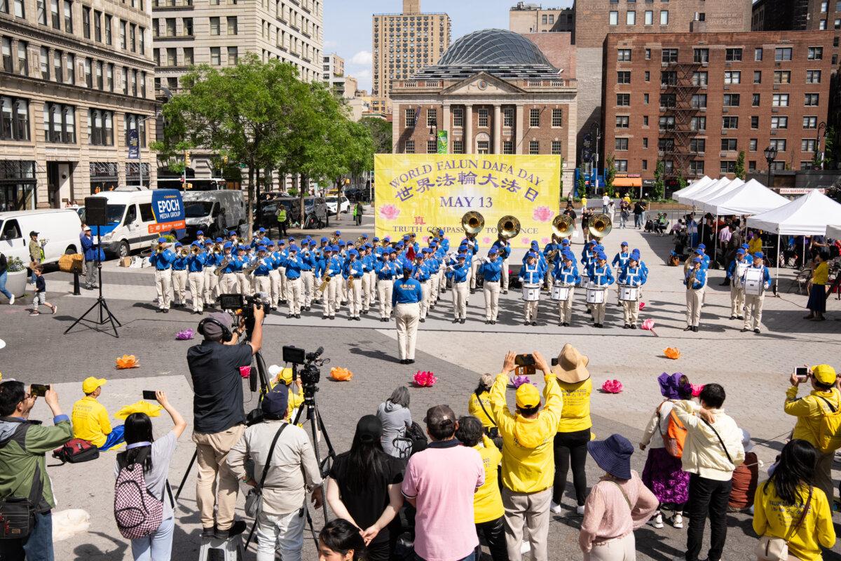 The Marching Band will perform at the World Falun Dafaday celebration held at Union Square, New York City on May 11, 2025 (Larry Dye/The Epoch Times)