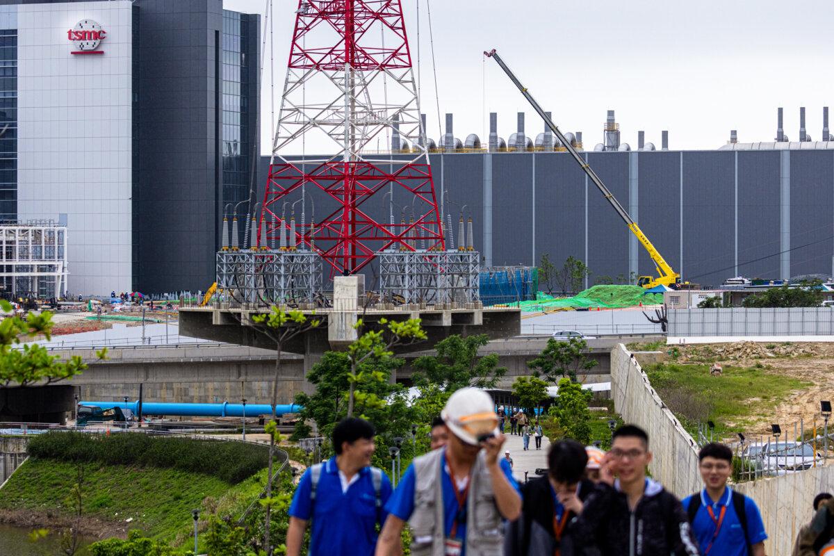 A Taiwan Semiconductor Manufacturing Co. Ltd. (TSMC) building is seen in the background at Hsinchu Science Park in Hsinchu, Taiwan, on April 18, 2025. (Annabelle Chih/Getty Images)