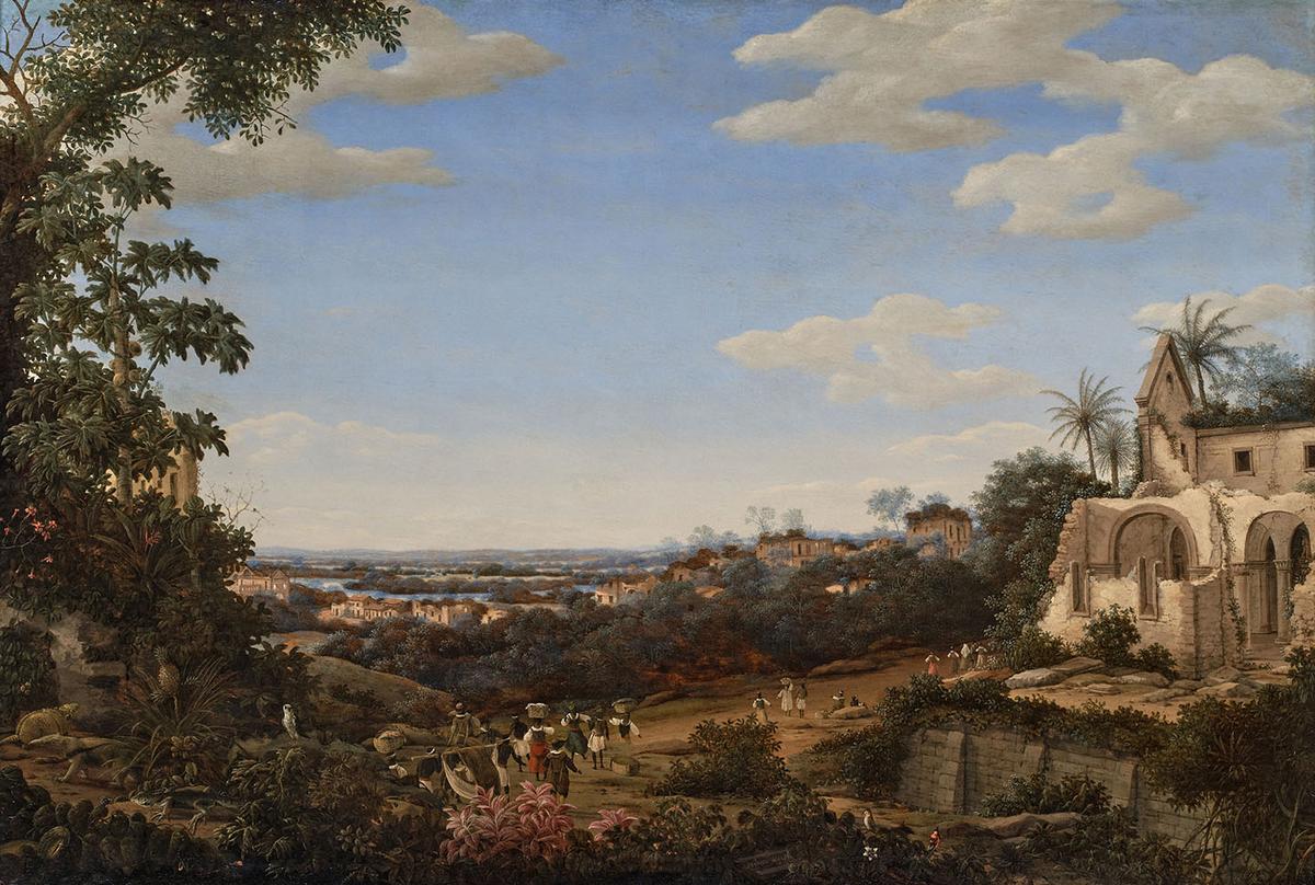 "View of Olinda, Brazil, With the Ruins of the Jesuit Church," 1666, by Frans Post. Oil on oak panel panel; 23 3/4 inches by 35 5/8 inches. (Sotheby's)