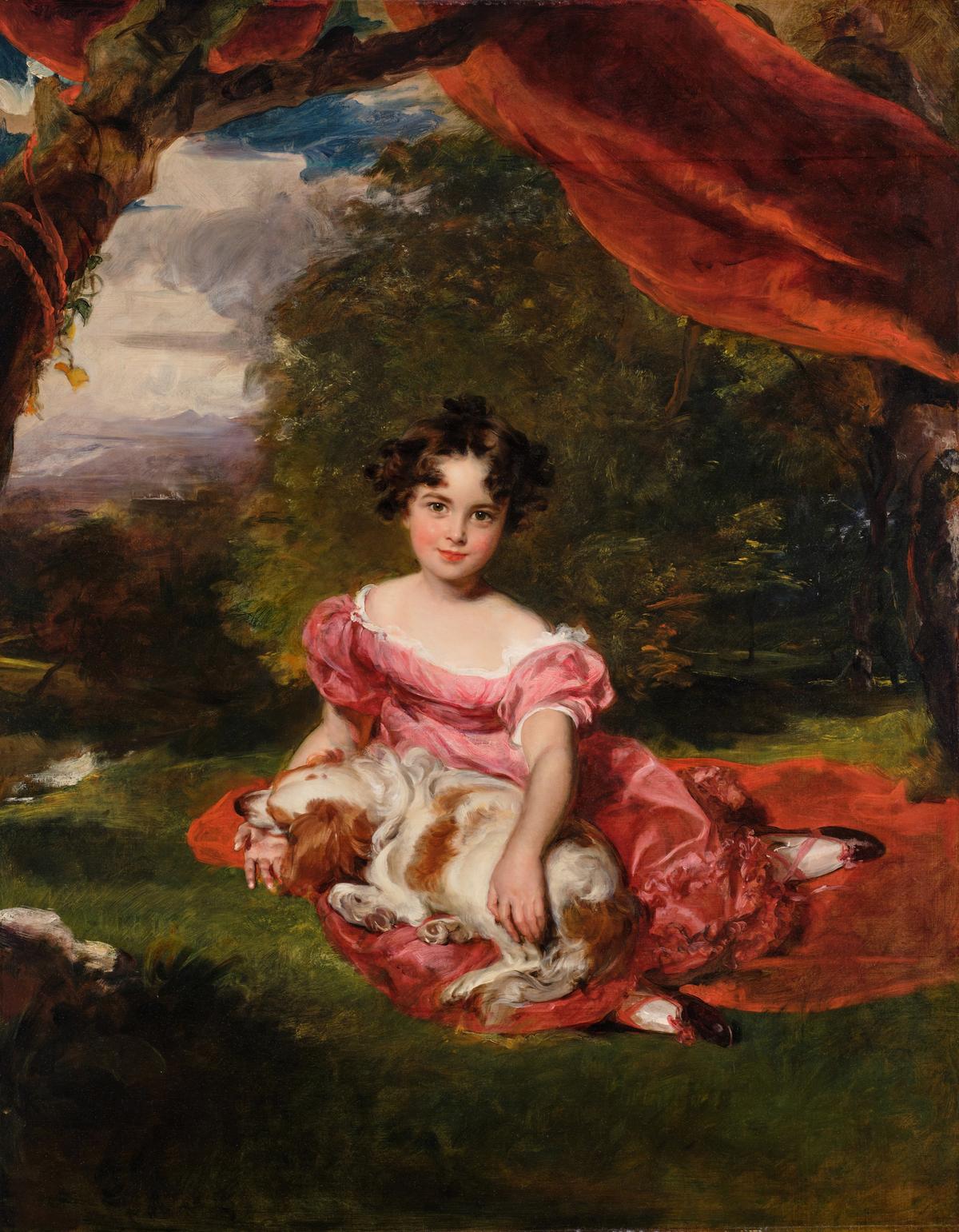 A Portrait of Miss Julia Beatrice Peel (1821–1893), daughter of Prime Minister Sir Robert Peel, with a Spaniel, circa 1820's, by Sir Thomas Lawrence, P.R.A. Oil on canvas; 55 7/8 inches by 44 1/8 inches. (Sotheby's)