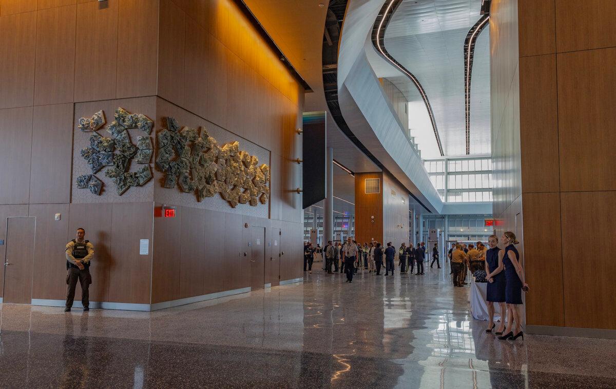 Interior view of the new MSC Cruises’ Terminal AA, designed by Miami’s Architecture Studio Arquitectonica, that includes an art piece by artist Lauren Shapiro, at PortMiami, which is the world's largest cruise terminal, capable of accommodating three ships simultaneously and processing up to 36,000 guests daily, on April 5, 2025. (Pedro Portal/Miami Herald/TNS)
