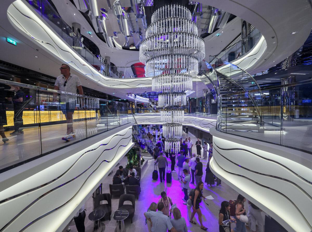 The signature chandelier graces the Galleria and drops down from the ninth level of the MSC World America. MSC Cruises officially named its highly anticipated new flagship, MSC World America, at the line’s new state-of-the-art MSC Miami Cruise Terminal on April 9, 2025, at the PortMiami. (Carl Juste/Miami Herald/TNS)