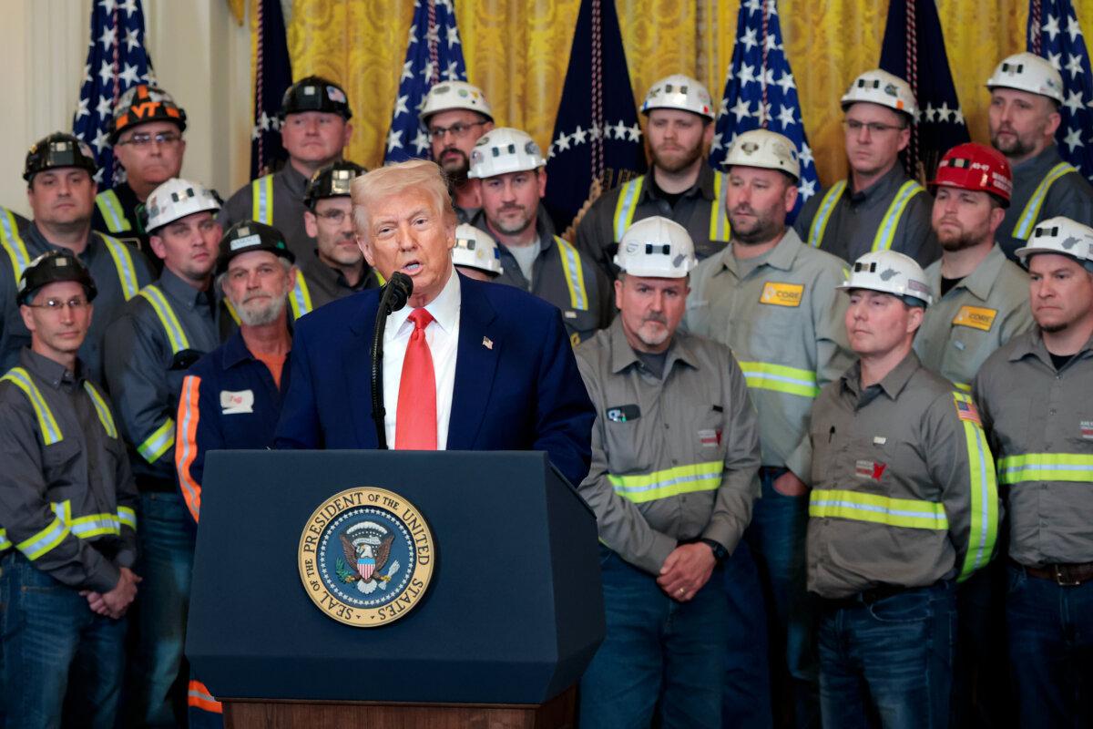 President Donald Trump speaks alongside coal and energy workers during an executive order signing ceremony in the White House on April 8, 2025. (Anna Moneymaker/Getty Images)