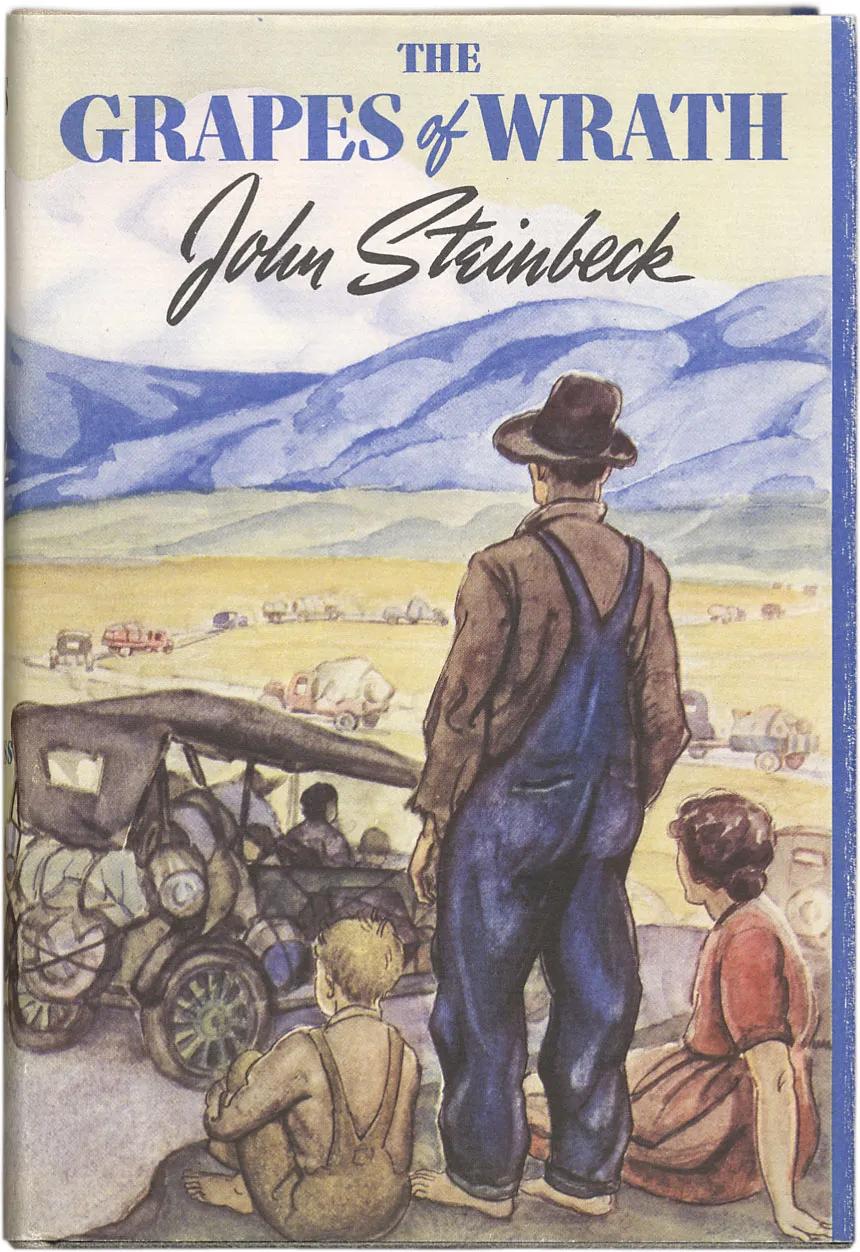 The first-edition dust jacket of John Steinbeck's "The Grapes of Wrath" (1939) with artwork by Elmer Hader. (Public Domain)