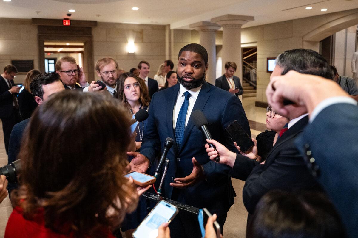 Rep. Byron Donalds (R-Fla.) speaks to reporters about the GOP meeting on the reconciliation bill on Capitol Hill in Washington on May 15, 2025. (Madalina Vasiliu/The Epoch Times)