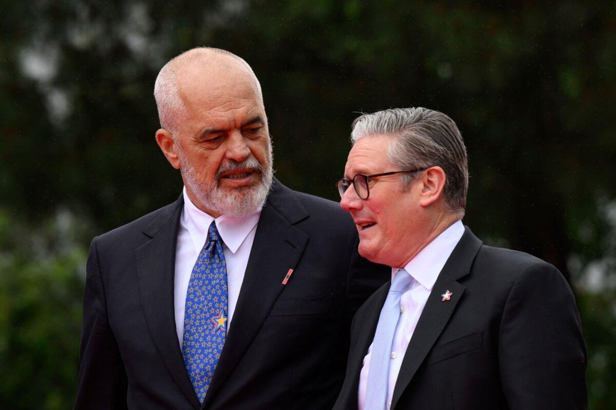 Albanian Prime Minister Edi Rama (L) welcomes British Prime Minister Sir Keir Starmer as he arrives at the 6th European Political Community summit at Skanderbeg Square in Tirana, Albania, on May 16, 2025. (Leon Neal/Getty Images)