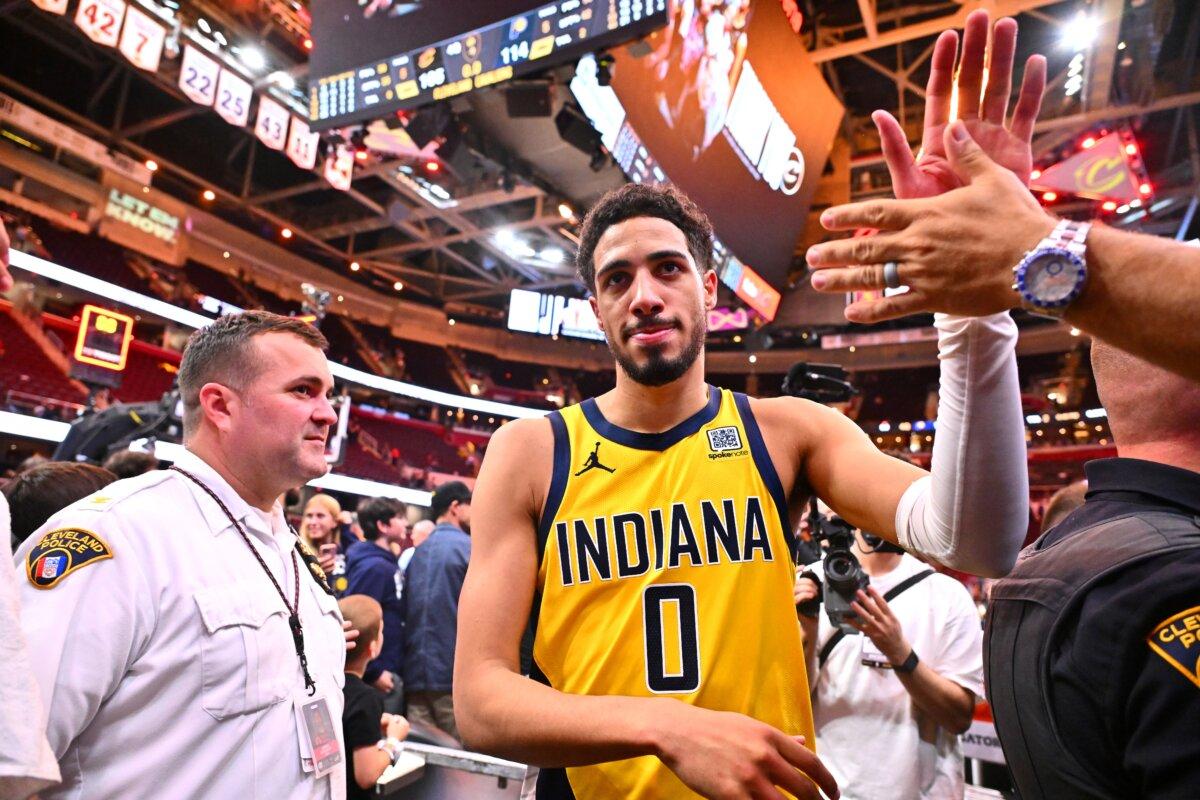 Tyrese Haliburton of the Indiana Pacers greets fans after defeating the Cleveland Cavaliers 114–105 in Game Five of the Eastern Conference Second Round NBA Playoffs at Rocket Arena in Cleveland, Ohio, on May 13, 2025. (Jason Miller/Getty Images)