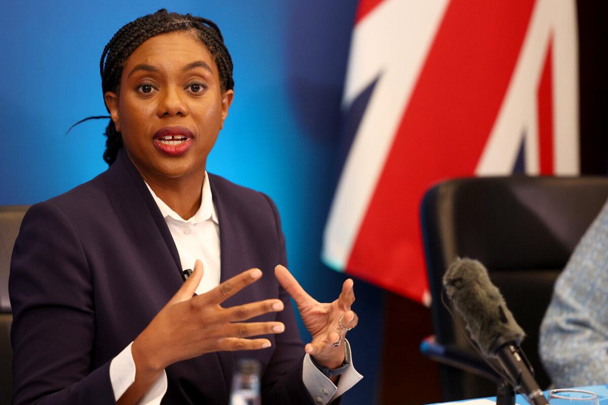 Conservative Party leader Kemi Badenoch speaks to the media during a press conference regarding the UK-EU Summit at Conrad House in London on May 19, 2025. (Peter Nicholls/Getty Images)