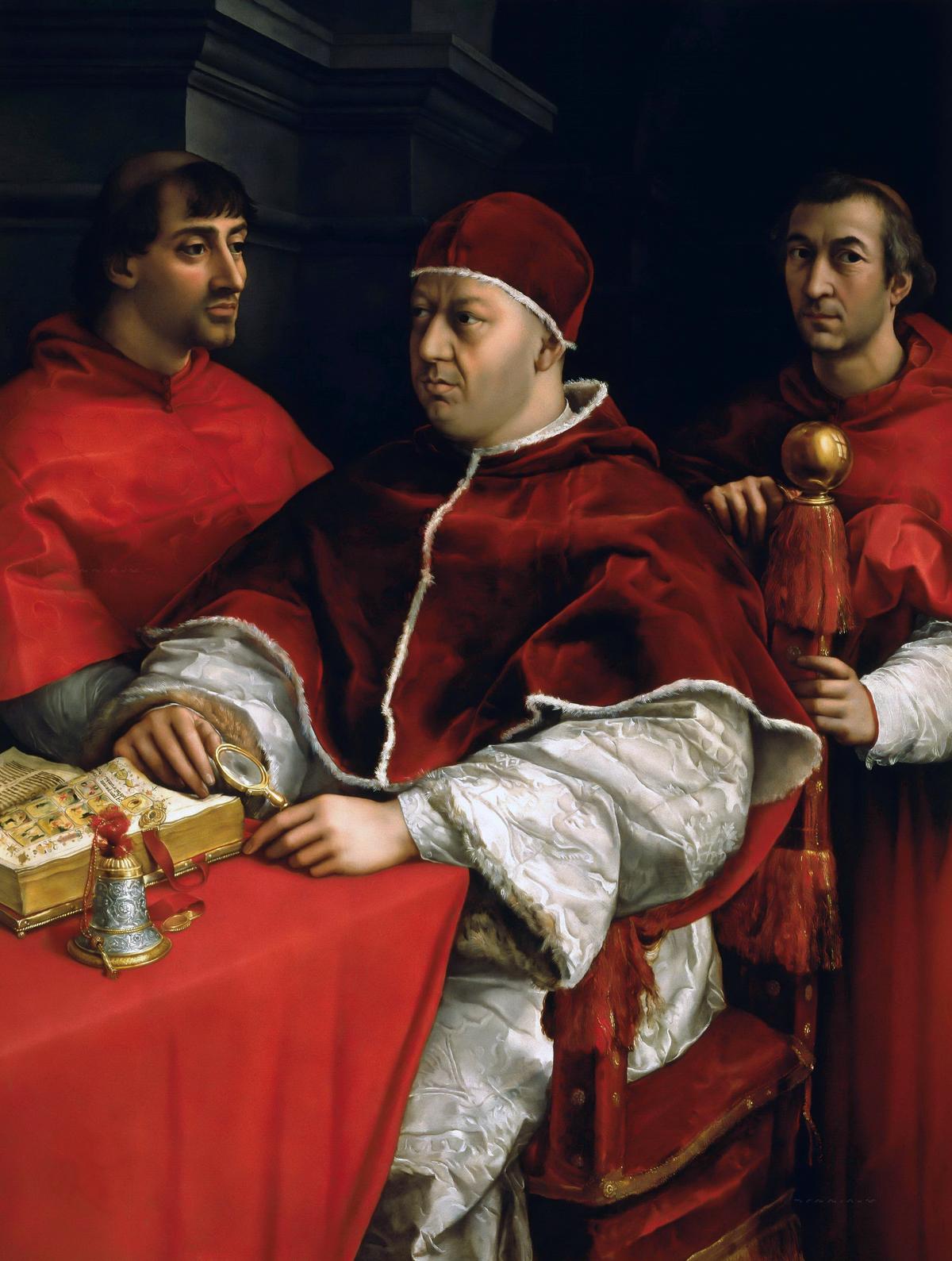 Portrait of Leo X with Cardinals Luigi de’ Rossi and Giulio de’ Medici, 1518, by Raphael. Oil on panel; 61 1/5 inches by 47 inches. Uffizi Gallery, Florence. (Public Domain)