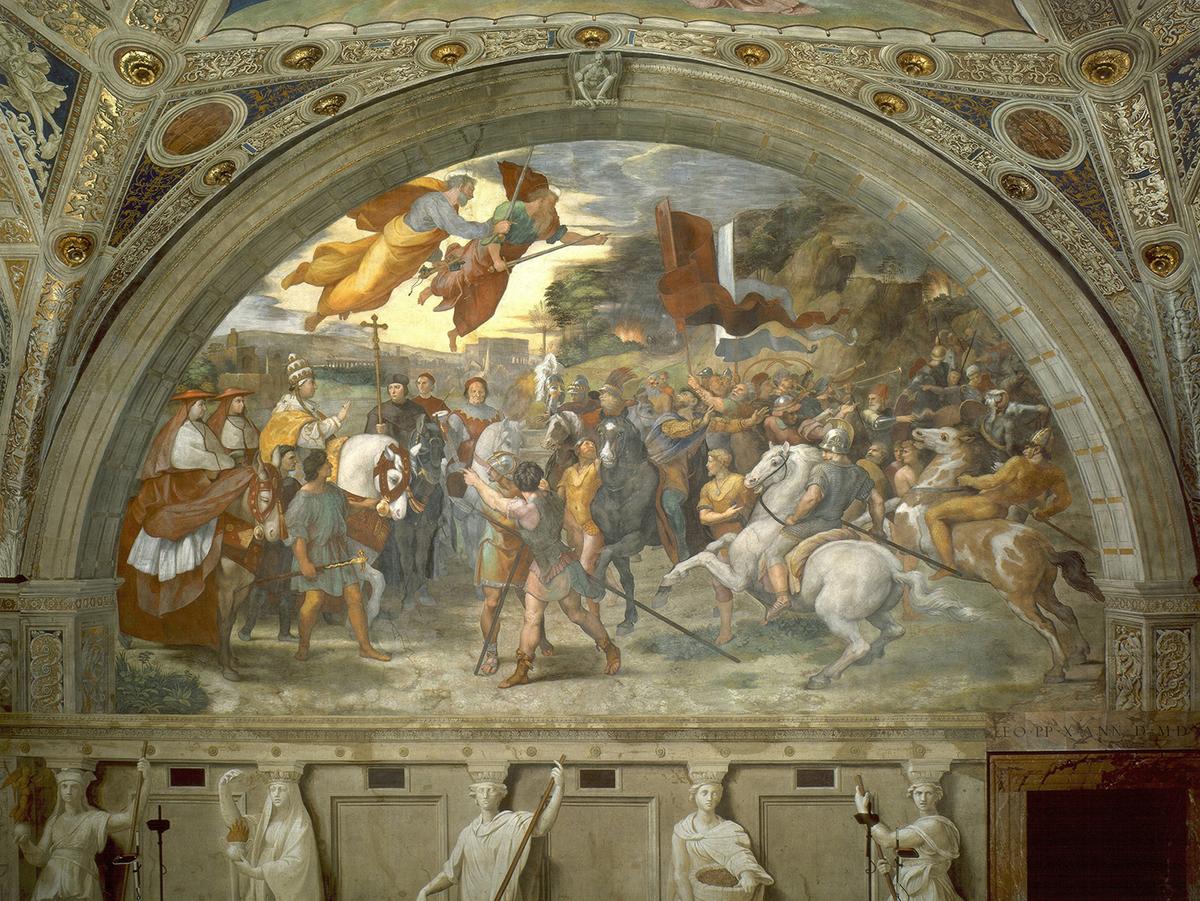 "Encounter of Leo the Great With Attila," 1514, by Raphael. Fresco; 16 feet 4 4/5 inches by 24 feet 7 1/5 inches. Stanza di Eliodoro (Room of Heliodorus), Raphael Rooms, Apostolic Palace, Vatican City. (Public Domain)