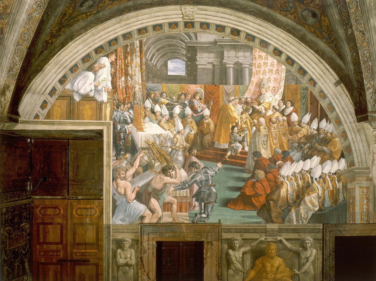 "Coronation of Charlemagne," 1514 –1517, by Raphael's workshop. Fresco; 25 feet 2 2/5 inches. The Fire in the Borgo room, Raphael Rooms, Apostolic Palace, Vatican City. (Public Domain)