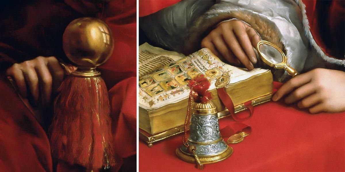 (L) A detail of the room’s reflection in the chair’s filial and the first page of the Gospel of St. John illuminated manuscript from a portrait of Leo X with Cardinals Luigi de’ Rossi and Giulio de’ Medici, 1518, by Raphael. (Public Domain)