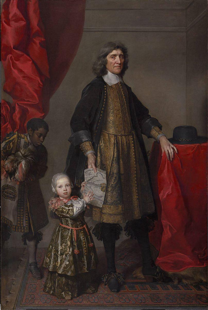 A portrait of Cecil Calvert, 2nd Lord Baltimore, with his grandson. Calvert's right hand is holding a map of Maryland that he first published in 1635 to promote his colonization plan. (Public Domain)