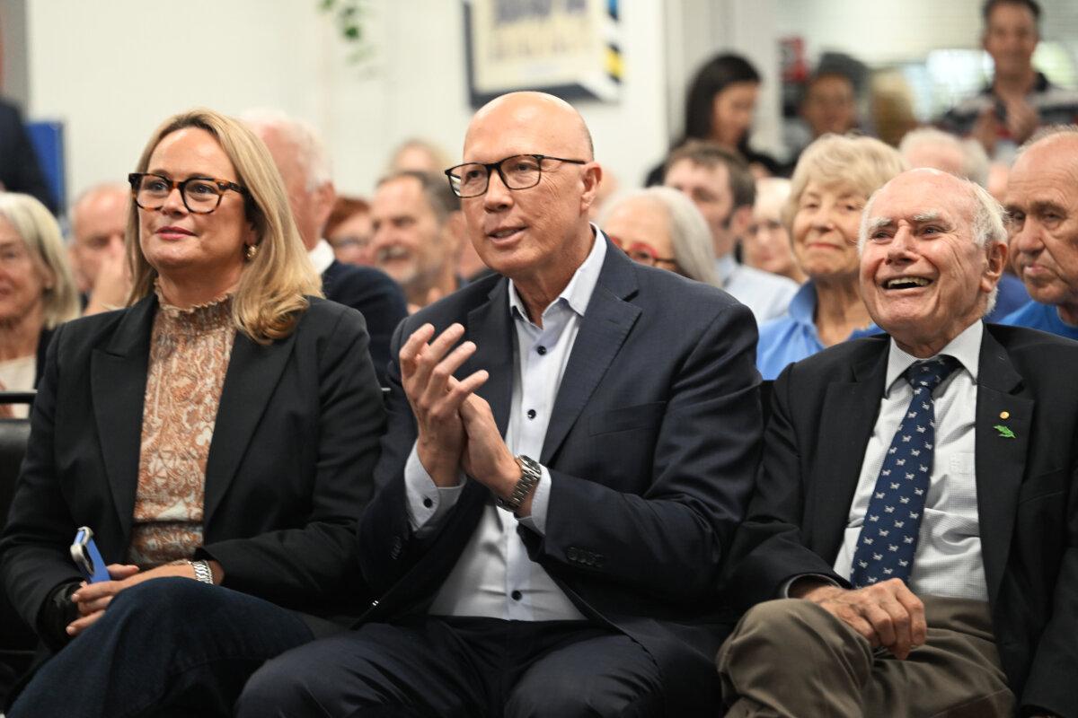 Former Opposition Leader Peter Dutton and wife Kirilly (L) sit with former Prime Minister John Howard (R) during a Liberal Party campaign launch in Sydney, Australia, on April 27, 2025. (Dan Peled/Getty Images)