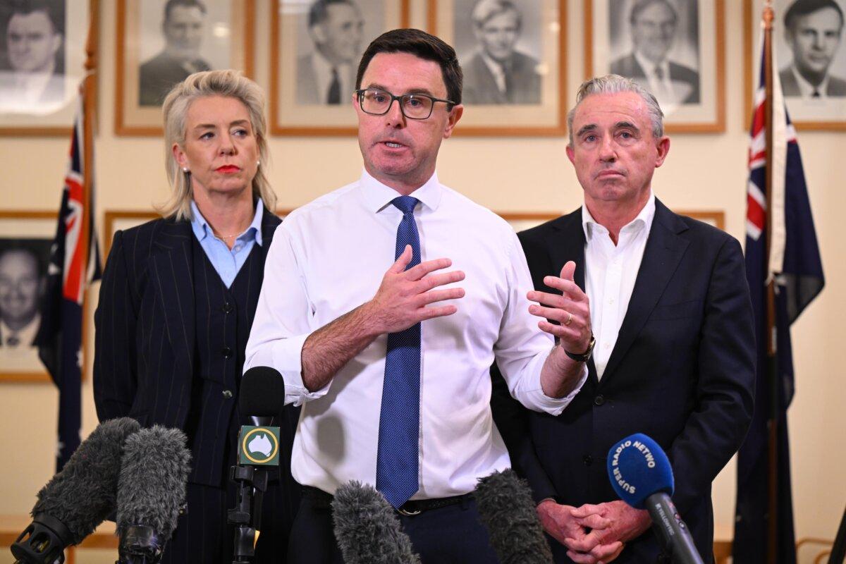 Nationals Leader David Littleproud (C), Nationals Deputy Leader Kevin Hogan (R), and Nationals Senate Leader Bridget McKenzie (L) at Parliament House in Canberra, Australia on May 20, 2025. (Lukas Coch/AAP Image)